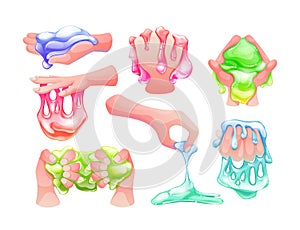 Funny colorful cartoon homemade slime holding in the hand.