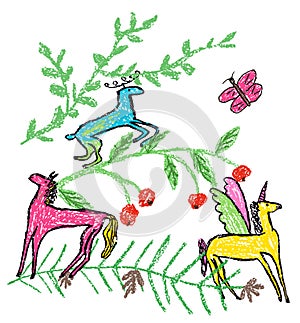 Funny colorful deer or antelope on plant branch with berries. Doodle hand drawn funny jungle summer art.