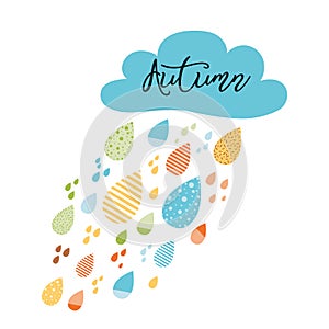 Funny colorful drops of rain clouds. Vector autumn banner fall background Text Autumn