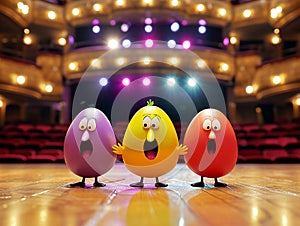 Funny colorful Easter eggs sing song on stage against the background of bright spotlights