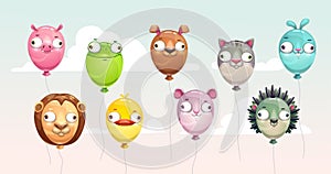 Funny colorful flying balloons with crazy animal faces.