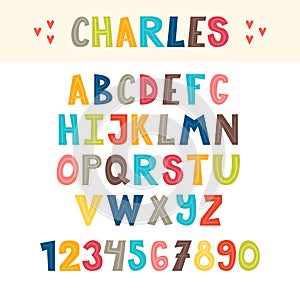 Funny colorful hand drawn English alphabet. Cute letters and numbers. Font