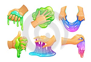 Funny colorful homemade slime holding in the hand. Vector illustration.