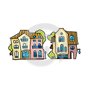 Funny colorful houses made in cartoon style. Facade of cartoon house.