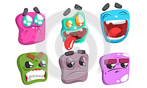 Funny Colorful Monsters Emojis Set, Slime Cartoon Characters with Different Emotions