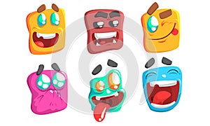 Funny Colorful Monsters Set, Slime Cartoon Characters with Different Emotions Vector Illustration