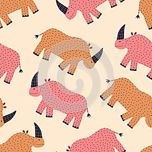 Funny colorful rhinos hand drawn vector illustration. Cute safari animals seamless pattern for kids fabric.