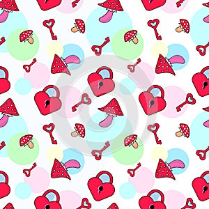 Funny colorful seamless pattern. Vector doodle line cartoon Love keys and Mushrooms illustration letters. 80s 90s hippie