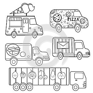Funny coloring kids transport set. Delivery trucks cartoon black and white vector illustration isolated on white background