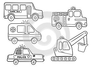 Funny coloring kids transport set. School bus, ambulance, excavator, fire engine, police car cartoon black and white vector