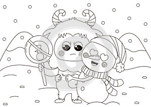 Funny coloring page with cute angry Yeti character holding sign and snowman hugging him