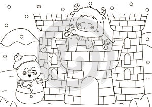 Funny coloring page with cute Yeti character blowing a kiss from snow castle and snowman singing romantic song