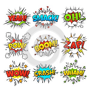 Funny comic words in speech bubble frames. Wow oh bang and zap thinking clouds. Balloons of expression. Retro cartoon