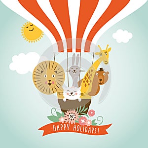 Funny company in hot air ballon, greeting card