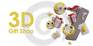 Funny composition with flying yellow smiling emojis, giftboxes, likes, and modern smartphone
