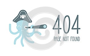 Funny concept for 404 error, page not found. Vector flat illustration of a pirate octopus with a telescope photo