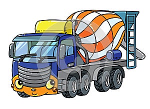 Funny concrete mixer truck with eyes and mouth