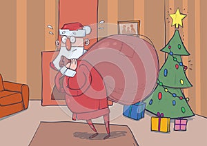 Funny confused Santa Claus with big bag of gifts in room with decoreted Christmas tree and a fireplace. Santa looks lost