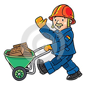 Funny construction worker with cart