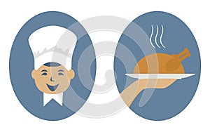 Funny cook and hot roast turkey icons