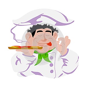 Funny cook italian holds pizza in hand, white background - vector illustration.