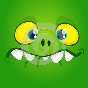 Funny cool cartoon gremlin face. Vector Halloween green monster character.