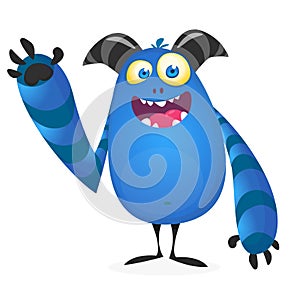 Funny cool cartoon monster with big horns. Vector illustration.
