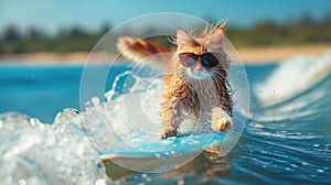 Funny cool cat in sunglasses surfs in ocean, pet surfer rides sea wave, animal in blue water in summer. Concept of sport, travel,