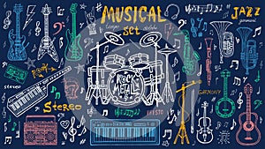 Funny cool sketch set, theme music party, instruments slogan graphic art for t shirt design print posters.