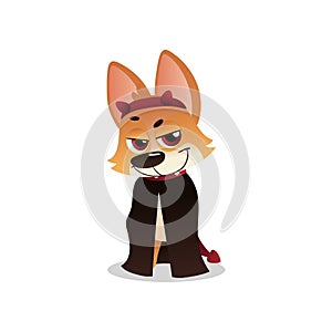 Funny corgi in black cloak with devil horns and tail. Cartoon dog character with insidious muzzle expression. Domestic