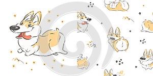 Funny Corgi Dog seamless pattern on a white. Cartoon hand drawn vector illustration. Can be used for t-shirt print, kids