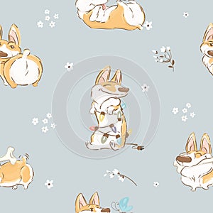 Funny Corgi Welsh Dog and Flowers seamless pattern on a blue. Cartoon hand drawn vector illustration. Can be used for t