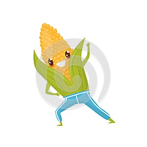 Funny corncob doing sports, sportive vegetable cartoon character vector Illustration on a white background