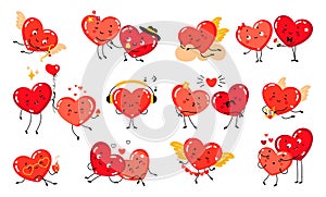 Funny couple hearts. Red heart in love, romantic relationships and valentines day symbols. Cute characters in different