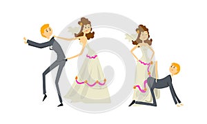 Funny Couple of Newlyweds Set, Weak Henpecked Groom Dominated by Bride Cartoon Vector Illustration