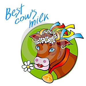 Funny cow carry wooden pail with milk. Lawn, flowers and sky. Vector illustration