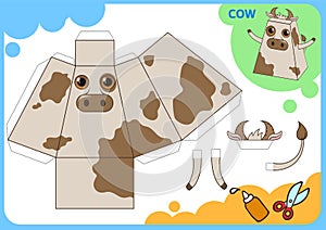 Funny Cow Paper Model. Small home craft project, paper game. Cut out, fold and glue. Cutouts for children. Vector