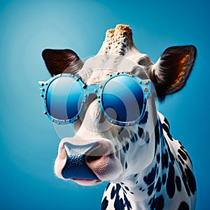 Funny cow in sunglasses close-up, generative AI