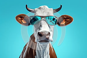 Funny cow with sunglasses in front of blue background, concept of humor and quirkiness, surreal animal portrait