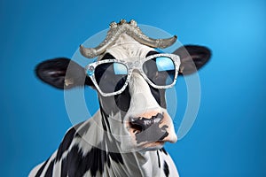 Funny cow with sunglasses in front of blue background, concept of humor and quirkiness, surreal animal portrait