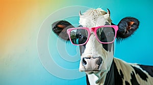 Funny cow with sunglasses in studio with a colorful and bright background. Curious Cow AI Generative