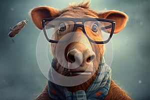 Funny cow wearing glasses and scarf. Cute animal portrait Ai Generative