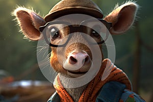 Funny cow wearing glasses and scarf. Cute animal portrait Ai Generative