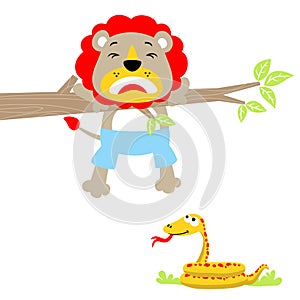 Funny coward lion with a snake, vector cartoon illustration photo