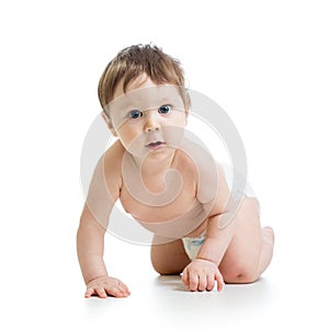 Funny crawling baby boy isolated on white background