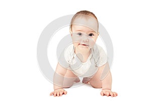 Funny crawling baby girl isolated on white background