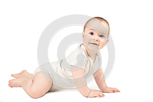 Funny crawling baby girl isolated on white background