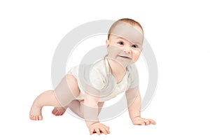 Funny crawling baby girl isolated on white background