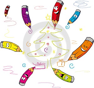 Funny crayons cartoon paint Christmas - vector