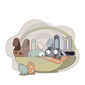 Funny crazy bunnies in easter basket and eggs flat vector illustration